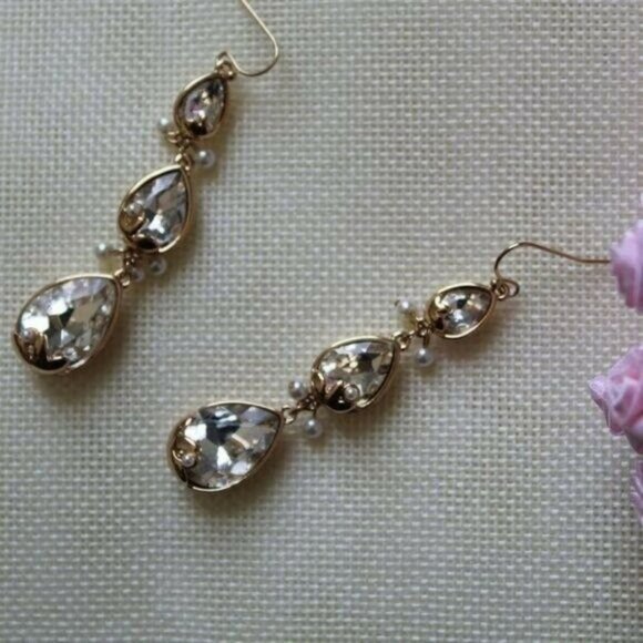 Gold-Tone Crystal & Imitation Pearl Triple Drop Earrings - Picture 1 of 7